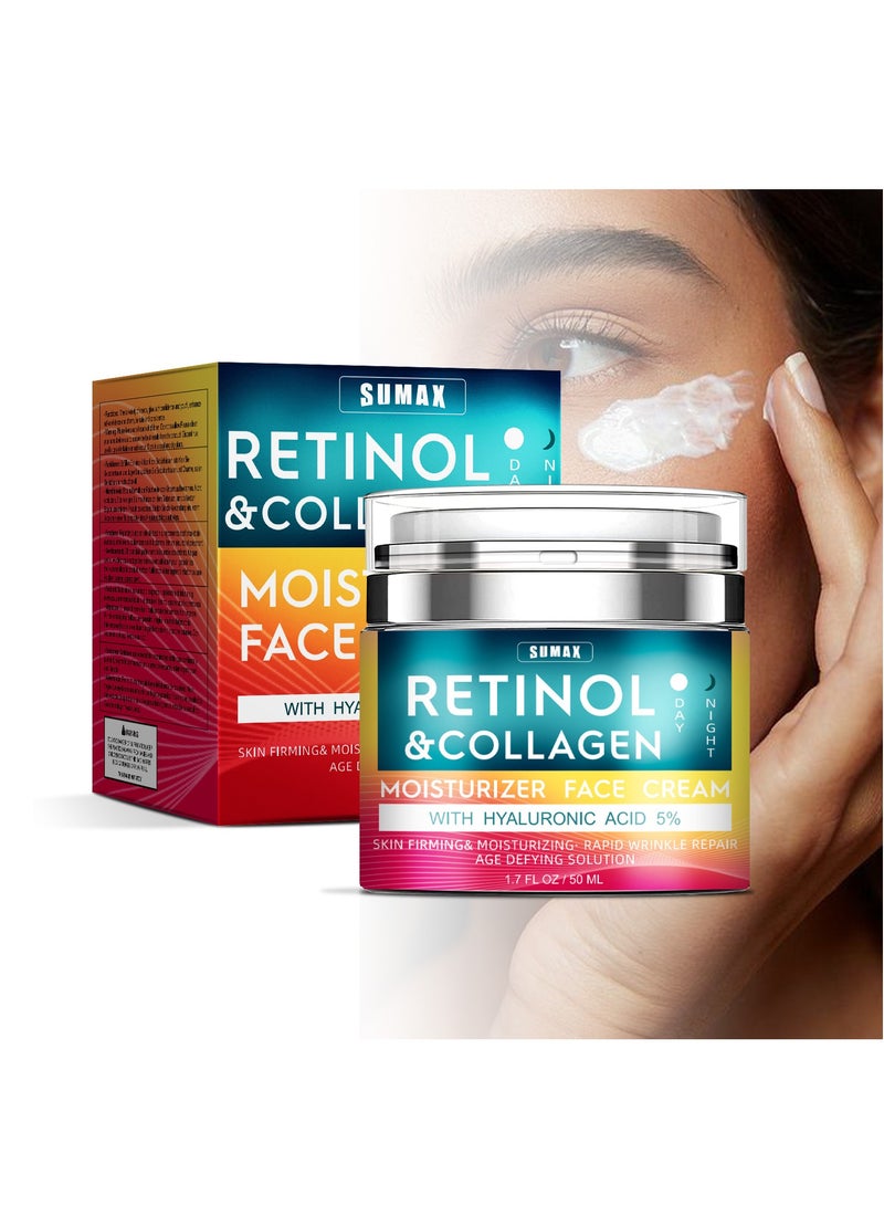 سوماكس 1 قطعة 50 مل كريم ترطيب الريتينول، مرطب للوجه بالكولاجين وحمض الهيالورونيك وفيتامين سي + إي، يهدئ البشرة الجافة ويحسن مرونتها، لوشن مرطب للوجه للنساء والرجال - Image 1
