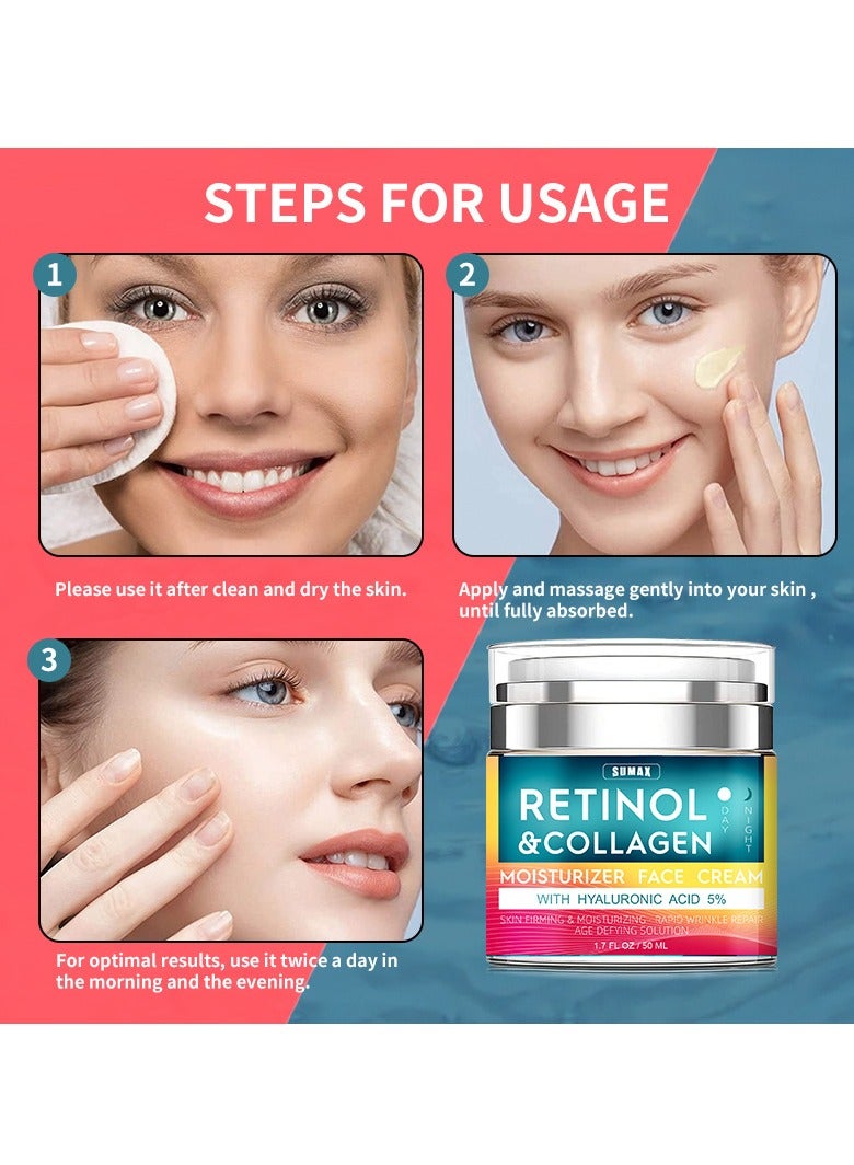 سوماكس 1 قطعة 50 مل كريم ترطيب الريتينول، مرطب للوجه بالكولاجين وحمض الهيالورونيك وفيتامين سي + إي، يهدئ البشرة الجافة ويحسن مرونتها، لوشن مرطب للوجه للنساء والرجال - Image 5