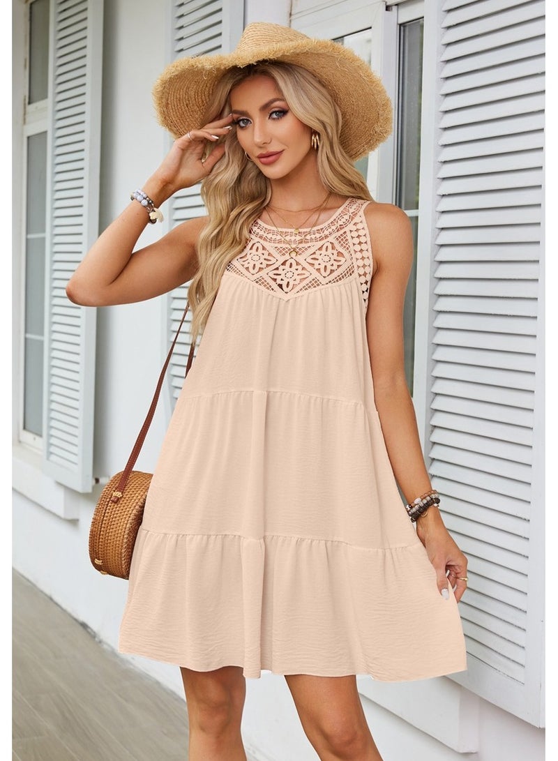 2024 New Hollow Lace Patchwork Halter A-line Dress - Image 1