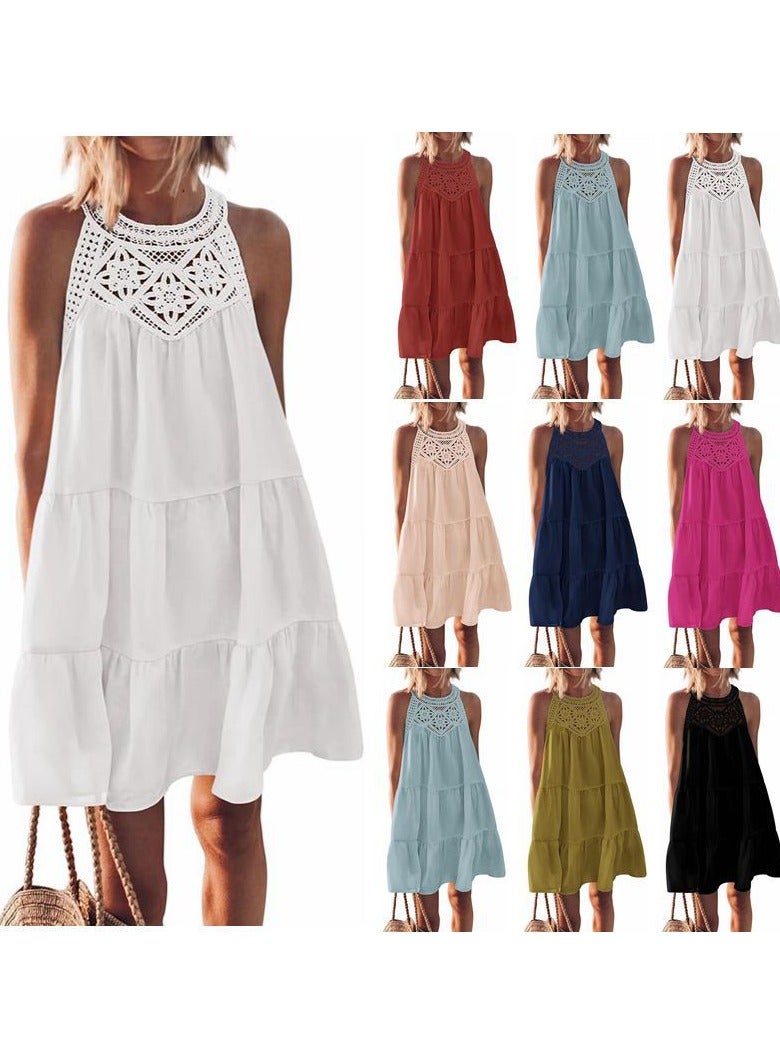 2024 New Hollow Lace Patchwork Halter A-line Dress - Image 2
