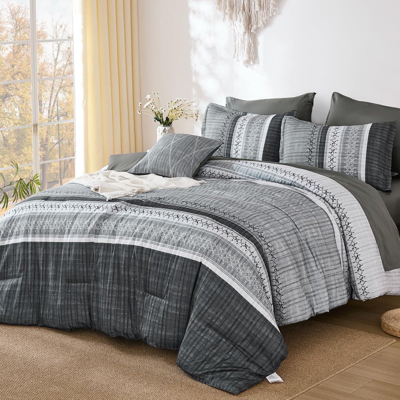 Dintszyayue Grey Queen Comforter Size Set, 7 Pieces Striped Texture Bed in a Bag Bedding Sets, Lightweight Soft Comforter and Sheet Set, All Season Microfiber Teen Boys Bedding Sets for Men Women - Image 1