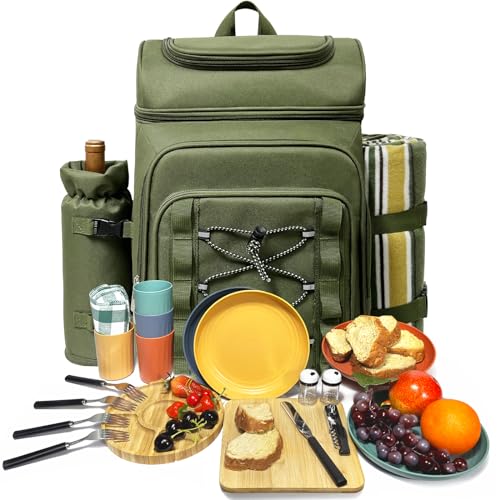 Hap Tim Picnic Basket Backpack for 4 Person with Blanket Insulated Leakproof Cooler Compartment Wine Holder Cutlery Set Engagement Gifts for Couples White Elephant Gift Ideas Green 36221GR - Image 1