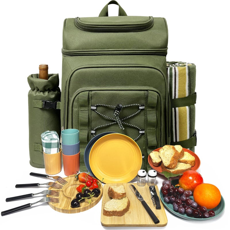 Hap Tim Picnic Basket Backpack for 4 Person with Blanket Insulated Leakproof Cooler Compartment Wine Holder Cutlery Set Engagement Gifts for Couples White Elephant Gift Ideas Green 36221GR - Image 2