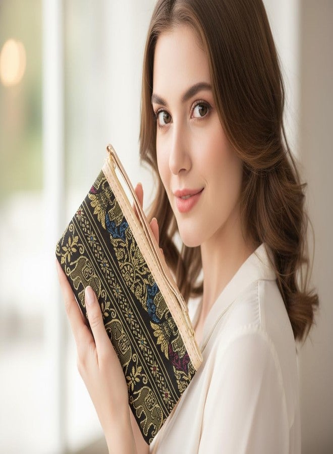 DeLegarde Traditional Brocade Clutch Wallet for Women, Black and Golden, 18 x 9.5 cm - Image 2