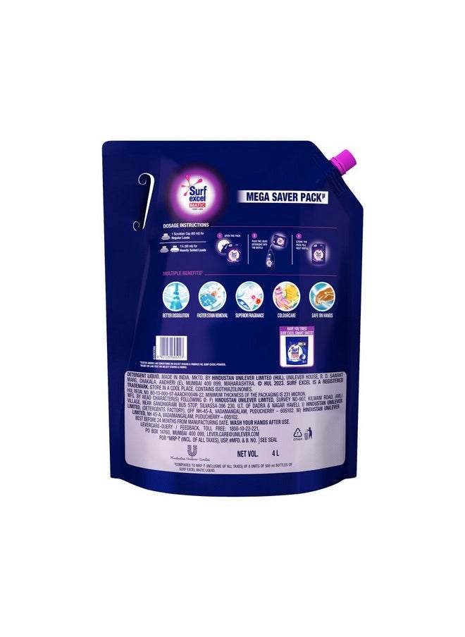 Surf excel - Matic Front Load Liquid Detergent 4L Refill Pouch, Designed For Tough Stain Removal On Laundry In Washing Machines - Mega Saver Pack - Image 1