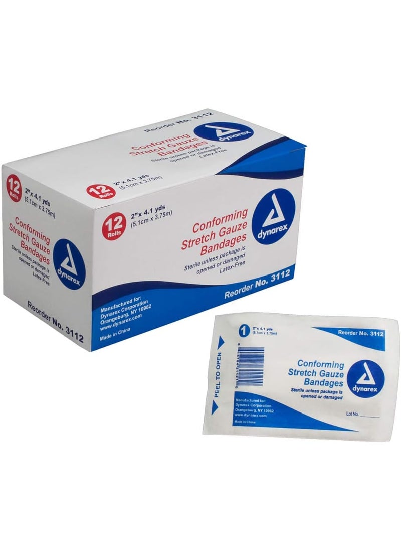 Dynarex Dynarex Stretch Gauze Bandages, 2" x 4.1 yds, Sterile & Latex-Free, Wound Care in Medical and Home Environments, 1 Box of 12 Dynarex Stretch Gauze Bandages 