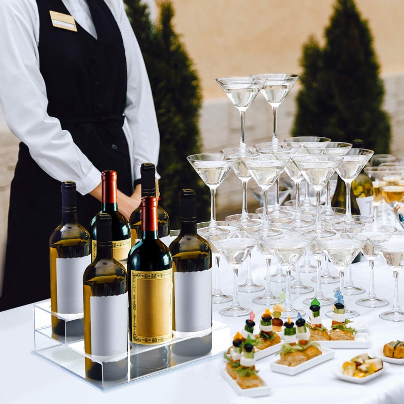 Srenta Acrylic Bottle Holder Wine Display Riser | 6 Bottles, 2 Tier Rack | Bar Counter-Top Display Stand | Wine Rack Holder for Kitchen, Pantry, Fridge | Storage Organizer for Wine, Soda, Syrups and Beer - Image 3