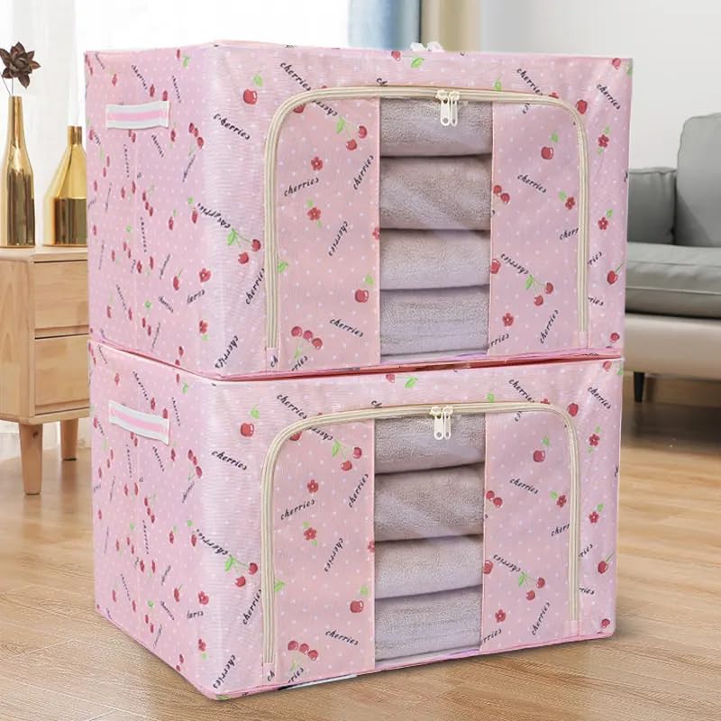HAKKU 66 LTR Foldable Steel Frame Cloths Zip Organizer Bag and Oxford Fabric Storage Living Cover Boxes For Wardrobe Shelves Clothes, Sarees, Bed Sheet, Blanket (Peach, 66 Ltr - Pack of 2) - Image 1