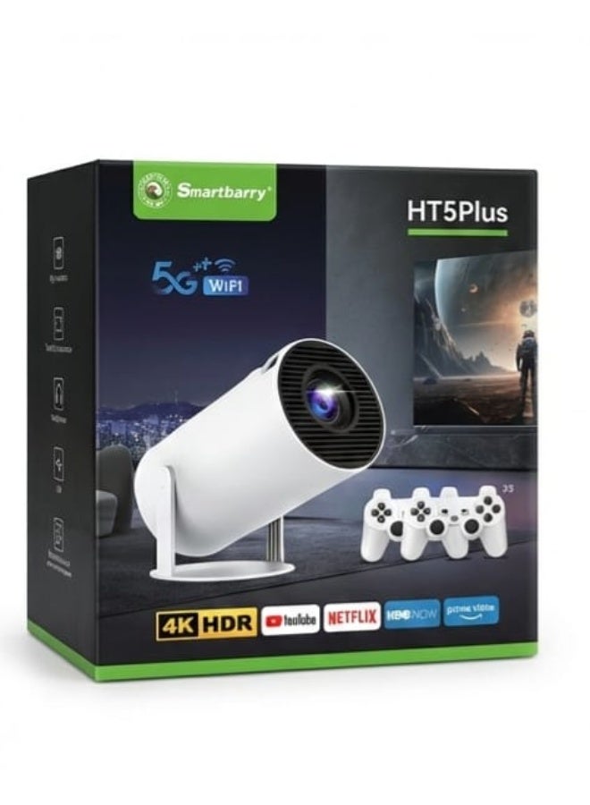سمارت باري جهاز عرض سمارت باري HT5 بلس الذكي بنظام أندرويد - يدعم دقة 4K UHD، وواي فاي ثنائي النطاق 5G وبلوتوث، وألعاب مدمجة مع وحدتي تحكم لاسلكيتين، ونتفليكس، ويوتيوب، وجوجل بلاي، ومنفذ HDMI، ومنفذ USB، ومنفذ بطاقة TF - جهاز عرض - Image 2