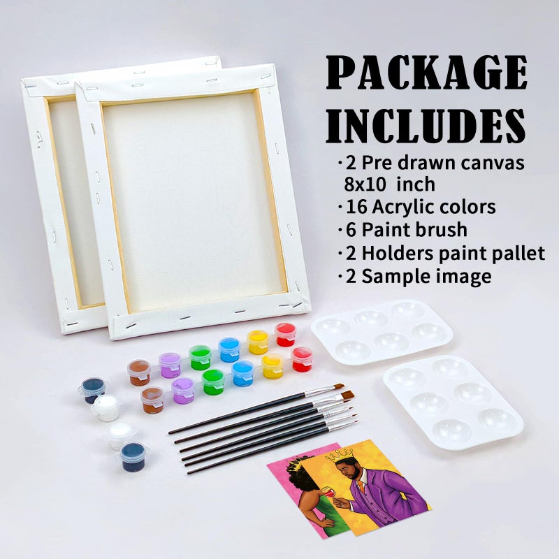 Vochic Pre Drawn Canvas For Adults 2 Pack 8X10 Couples Paint Party Kits For Paint And Sip Date Night Couples Painting Kit African American Girl And Boy Valentine'S Day - Image 5