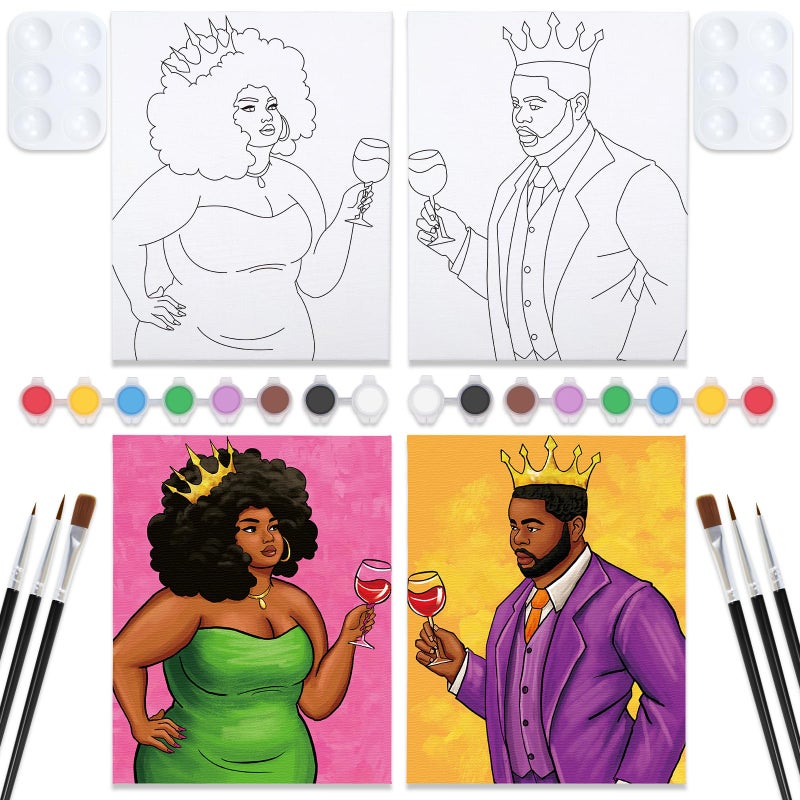 Vochic Pre Drawn Canvas For Adults 2 Pack 8X10 Couples Paint Party Kits For Paint And Sip Date Night Couples Painting Kit African American Girl And Boy Valentine'S Day - Image 1