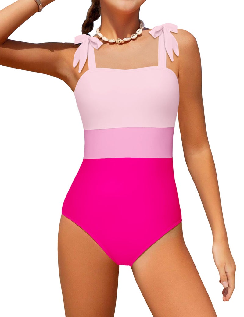 Dearnow Girls Swimsuit One Piece Casual Color-Block Adjustable Straps Girls Bathing Suit Swimwear 9-16T, Pink 1, 11-12 Years - Image 1