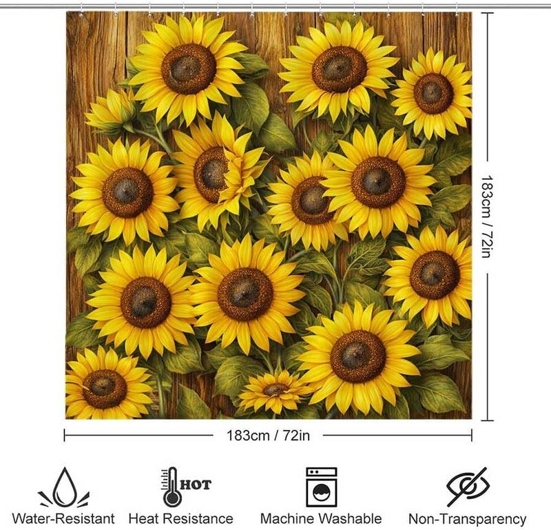 Sunflowers on a Wooden Background, Vibrant and detailedShower Curtain for Bathroom Waterproof Tan Shower Curtain with Hooks 71 inch x 71 inch - Image 3