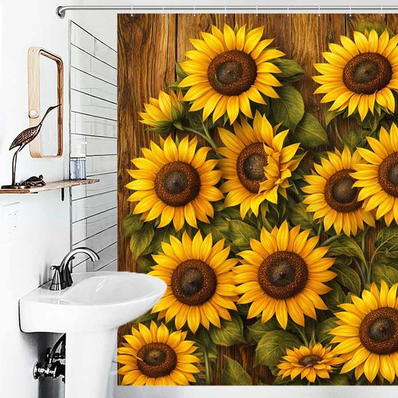 Sunflowers on a Wooden Background, Vibrant and detailedShower Curtain for Bathroom Waterproof Tan Shower Curtain with Hooks 71 inch x 71 inch - Image 4