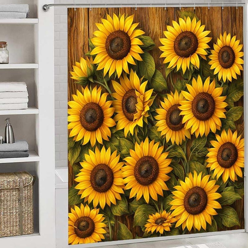 Sunflowers on a Wooden Background, Vibrant and detailedShower Curtain for Bathroom Waterproof Tan Shower Curtain with Hooks 71 inch x 71 inch - Image 2