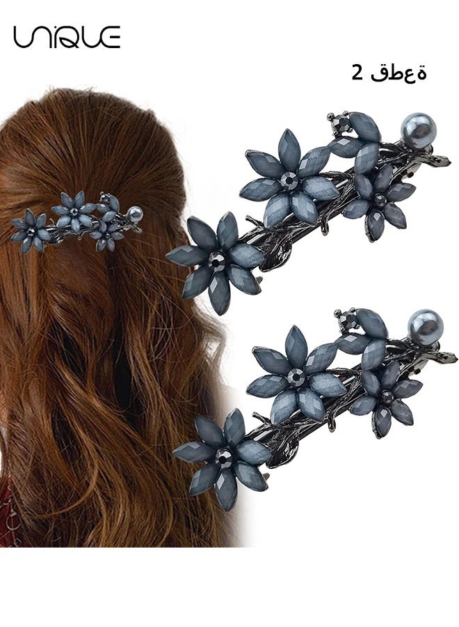 Unique 2 Pcs Hair Clips - Ink Blue Vintage Hair Clips - Shiny Crystal Clips - Flower Hair Clips - Wedding Hair Accessories Ladies Girls Bride - Image 1