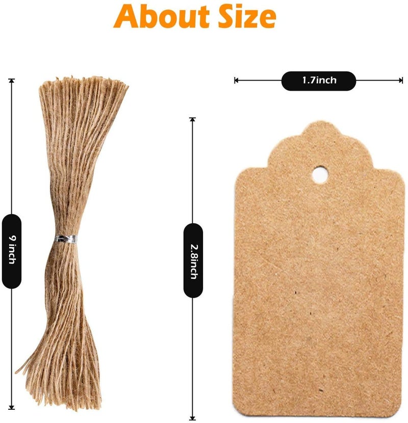 KREEPO KREEPO 100pcs Premium Gift Tags, Double-Sided Available Kraft Paper Price Tags with 100 Root Natural Jute Twine, Craft Tags Labels Treats Tags for Wedding Christmas Day Thanksgiving (KR-100)  - Image 3