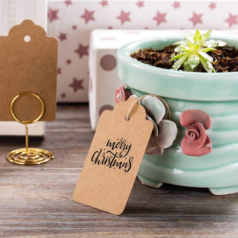 KREEPO KREEPO 100pcs Premium Gift Tags, Double-Sided Available Kraft Paper Price Tags with 100 Root Natural Jute Twine, Craft Tags Labels Treats Tags for Wedding Christmas Day Thanksgiving (KR-100)  - Image 5