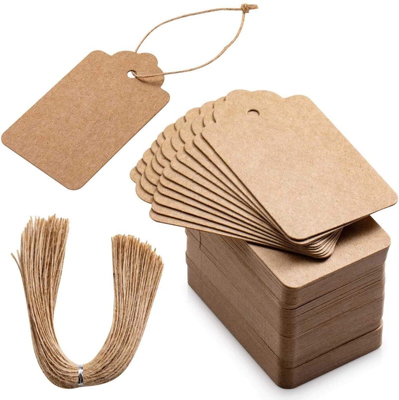 KREEPO KREEPO 100pcs Premium Gift Tags, Double-Sided Available Kraft Paper Price Tags with 100 Root Natural Jute Twine, Craft Tags Labels Treats Tags for Wedding Christmas Day Thanksgiving (KR-100)  - Image 1