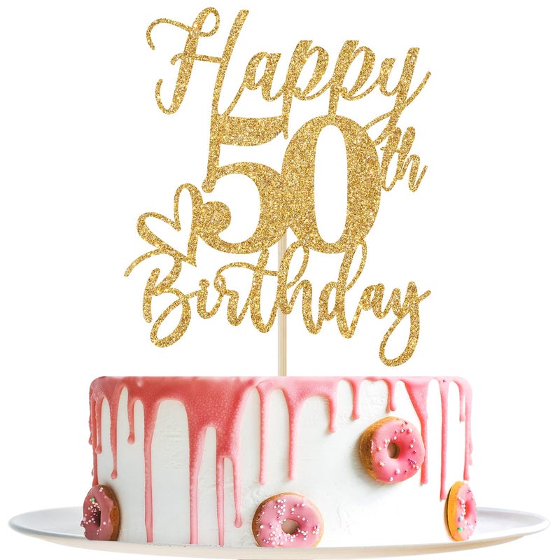 Yotawebery Happy 50th Birthday Cake Topper  50th Birthday Cake Decorations  Cheers to 50 Years  50 Fabulous  50th Happy Birthday Party Decorations Gold Glitter - Image 1