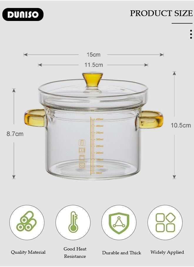 DUNISO - Glass Cooking Pot Saucepan with Cover, 450ml Heat-resistant Glass Stovetop Pot and Pan with Lid, The Best Handmade Glass Cookware Set Cooktop Safe for Pasta Noodle, Soup, Milk, Baby Food - Image 1