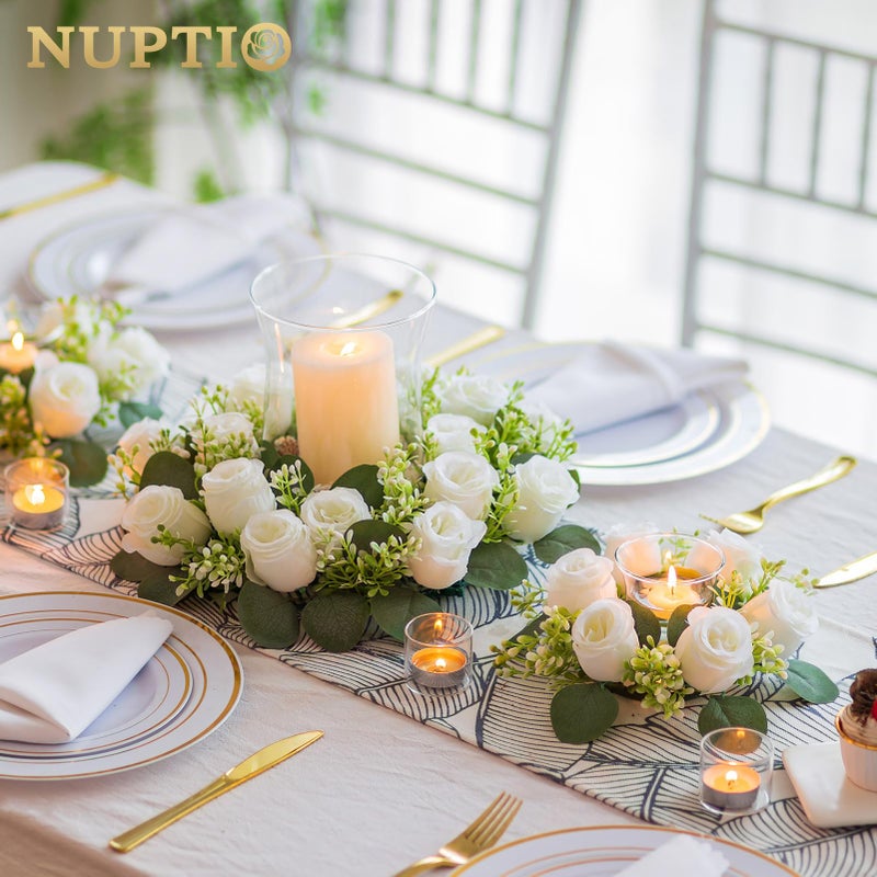 NUPTIO Flower Candle Rings for Centerpieces: 13.4 Inch Artificial Rose Wreath for Wedding Party Christmas Decorations - White Wreaths for Spring Summer Front Door Porch Table Decor 6 Pcs - Image 2