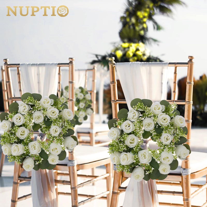 NUPTIO Flower Candle Rings for Centerpieces: 13.4 Inch Artificial Rose Wreath for Wedding Party Christmas Decorations - White Wreaths for Spring Summer Front Door Porch Table Decor 6 Pcs - Image 3
