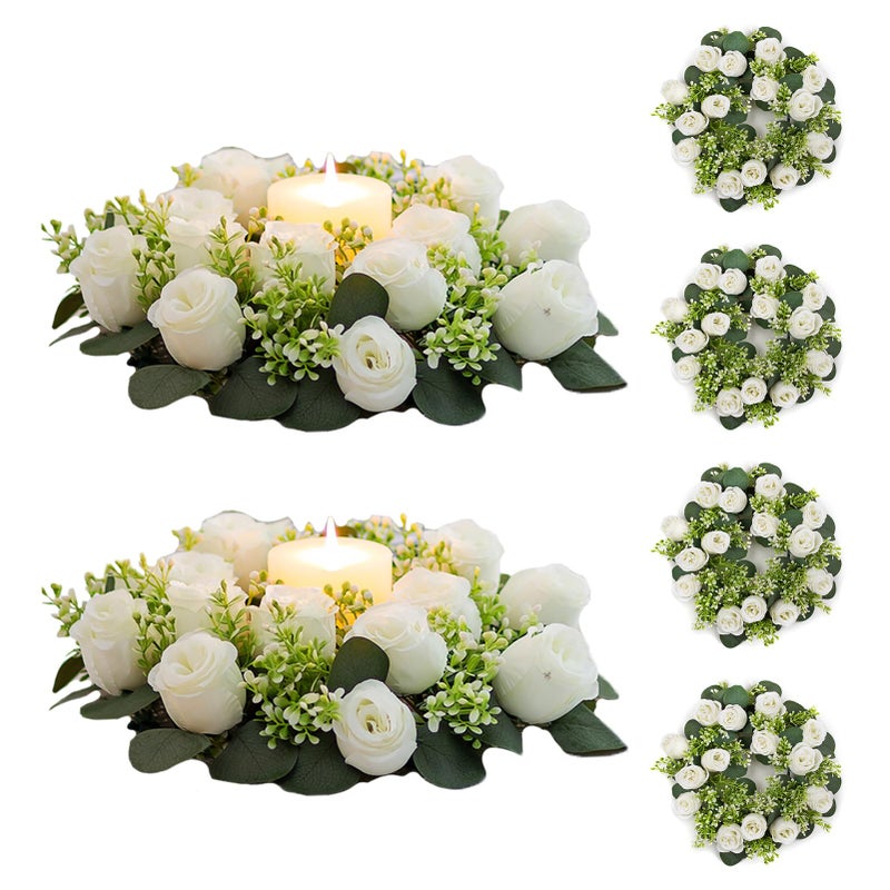 NUPTIO Flower Candle Rings for Centerpieces: 13.4 Inch Artificial Rose Wreath for Wedding Party Christmas Decorations - White Wreaths for Spring Summer Front Door Porch Table Decor 6 Pcs - Image 1
