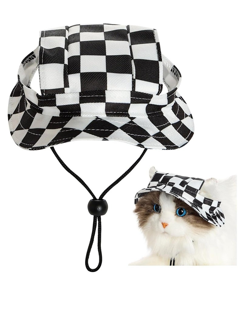 KASTWAVE Plaid Pattern Dog Hat with Ear Hole Round Brim Dog Puppy Cat Sun Hat Bucket Hat Outdoor Sun Protection Pet Caps for Small Medium Cats Dogs Kitten Black and White S - Image 1