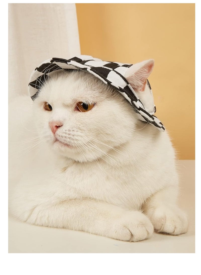 KASTWAVE Plaid Pattern Dog Hat with Ear Hole Round Brim Dog Puppy Cat Sun Hat Bucket Hat Outdoor Sun Protection Pet Caps for Small Medium Cats Dogs Kitten Black and White S - Image 4
