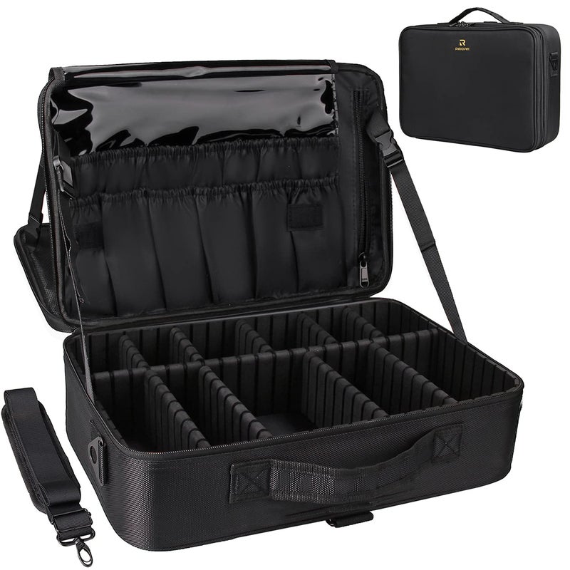 Relavel Makeup Case Large Makeup Bag Professional Train Case 16.5 inches Travel Cosmetic Organizer Brush Holder Waterproof Makeup Artist Storage Box, 3 Layer Large Capacity, with Adjustable Strap - Image 1