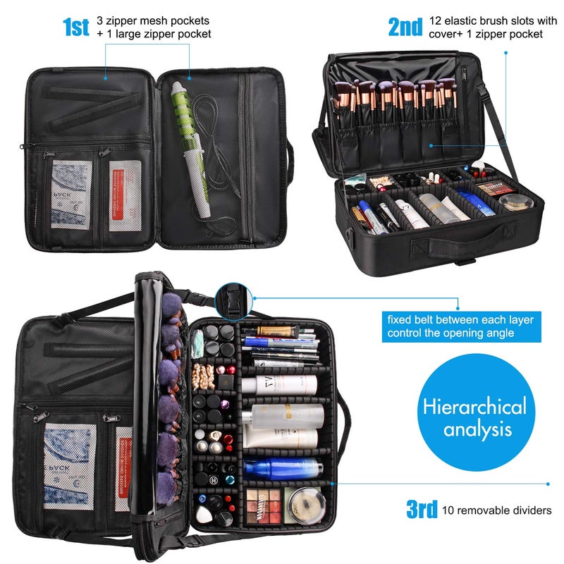 Relavel Makeup Case Large Makeup Bag Professional Train Case 16.5 inches Travel Cosmetic Organizer Brush Holder Waterproof Makeup Artist Storage Box, 3 Layer Large Capacity, with Adjustable Strap - Image 4