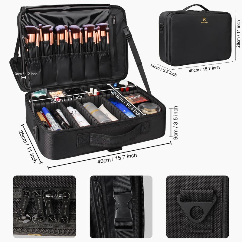 Relavel Makeup Case Large Makeup Bag Professional Train Case 16.5 inches Travel Cosmetic Organizer Brush Holder Waterproof Makeup Artist Storage Box, 3 Layer Large Capacity, with Adjustable Strap - Image 2