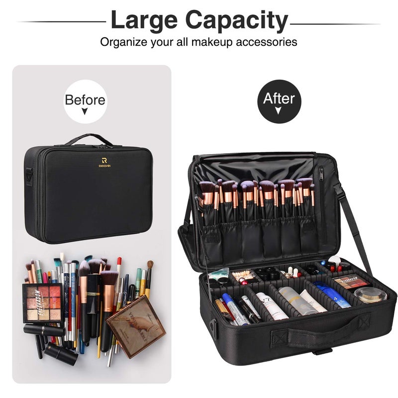 Relavel Makeup Case Large Makeup Bag Professional Train Case 16.5 inches Travel Cosmetic Organizer Brush Holder Waterproof Makeup Artist Storage Box, 3 Layer Large Capacity, with Adjustable Strap - Image 3