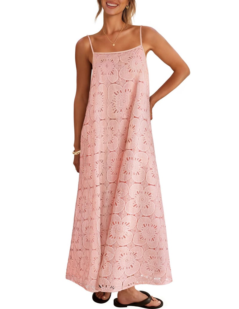 MEROKEETY Women's Summer Spaghetti Straps Sundress 2026 Casual Sleeveless Floral Lace Eyelet Boho Beach Maxi Dress, Pink, Medium - Image 1