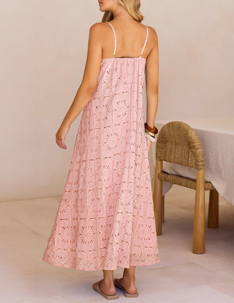 MEROKEETY Women's Summer Spaghetti Straps Sundress 2026 Casual Sleeveless Floral Lace Eyelet Boho Beach Maxi Dress, Pink, Medium - Image 5
