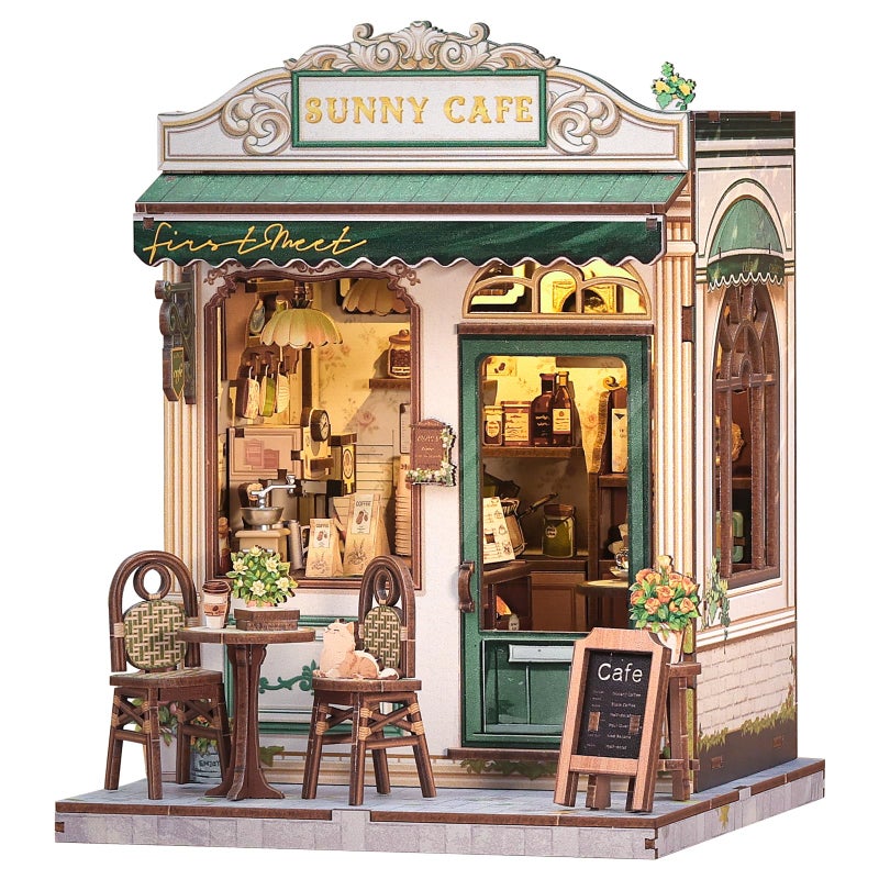 CUTEBEE Book Nook Kit DIY Miniature House Dollhouse Kit for Adult and Teens Booknook Bookshelf Decor Alley Model Build with LED Light Gifts for Family and Friends Sunny Cafe - Image 2