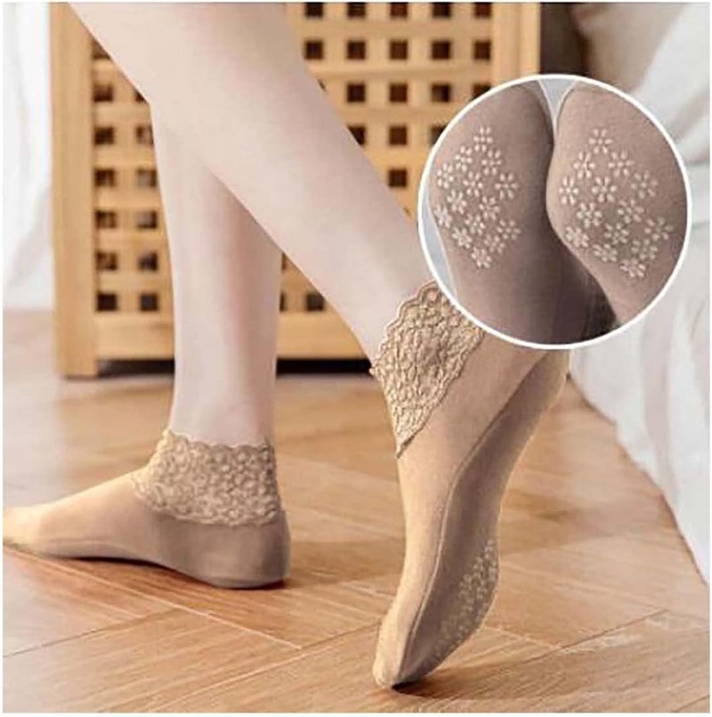 ويوبلز جوارب نسائية قصيرة، جوارب دانتيل مكشكشة مريحة، جوارب دانتيل، جوارب سيليكون مانعة للانزلاق ودافئة (لون القمح) - Image 1