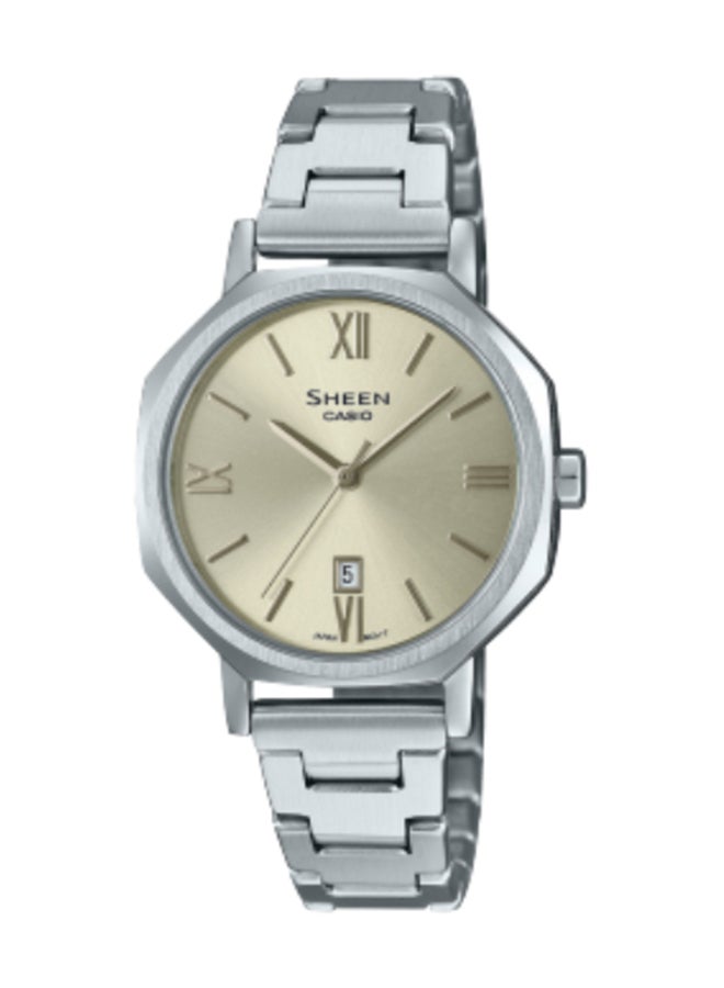 CASIO ساعة يد شكل ثماني مع حزام من الفولاذ المقاوم للصدأ SHE-4554G-9AUDF