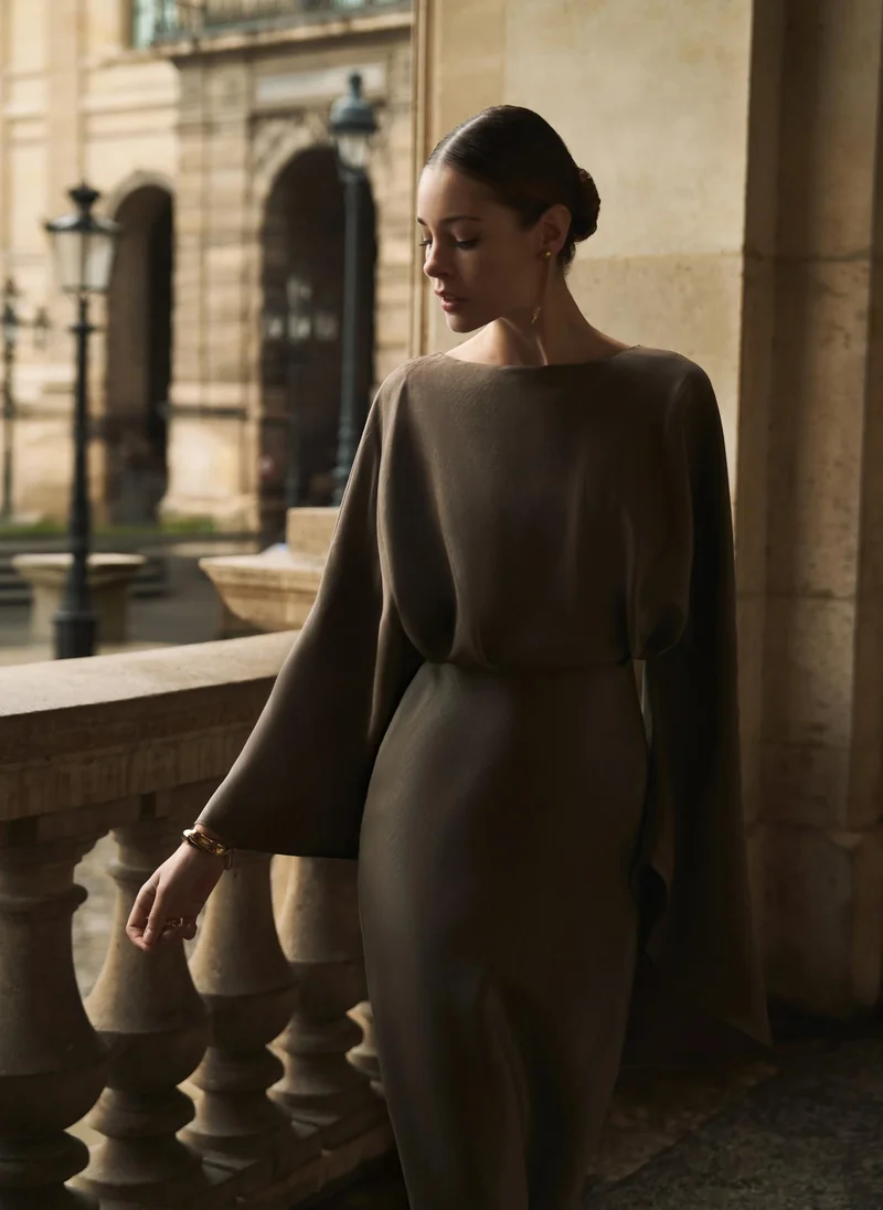 Lichi Satin maxi dress with puff sleeves