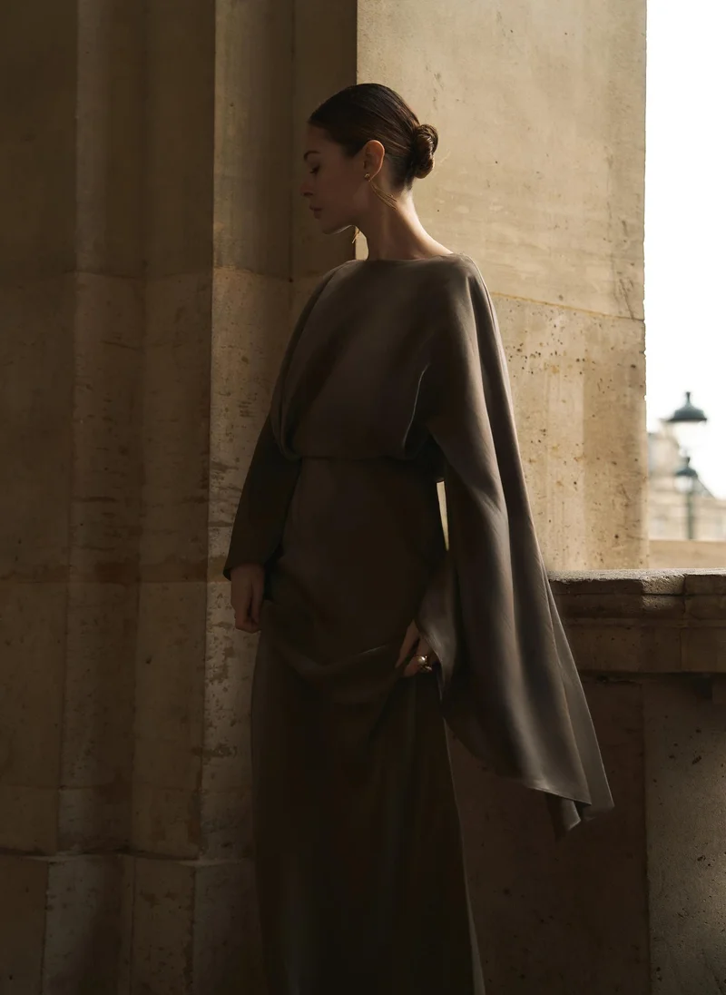 Lichi Satin maxi dress with puff sleeves