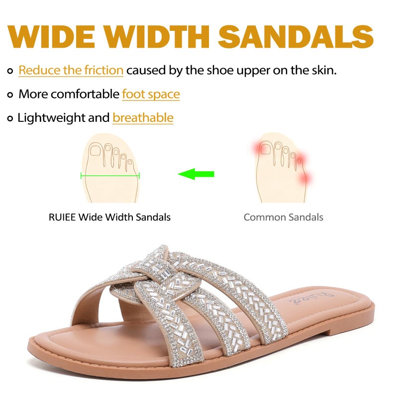 Ruiee Wide Width Sandals for Women, Fashion Slide Sandal Diamond Sparkly Bling Casual Dressy Flat Slides Comfort Bride Wedding Summer Slip on Wide Feet Womens Sandals. 250776 Gold Size9 - Image 4