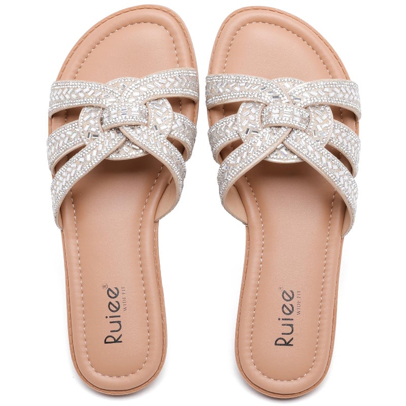 Ruiee Wide Width Sandals for Women, Fashion Slide Sandal Diamond Sparkly Bling Casual Dressy Flat Slides Comfort Bride Wedding Summer Slip on Wide Feet Womens Sandals. 250776 Gold Size9 - Image 1