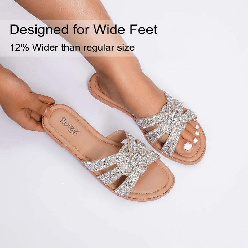 Ruiee Wide Width Sandals for Women, Fashion Slide Sandal Diamond Sparkly Bling Casual Dressy Flat Slides Comfort Bride Wedding Summer Slip on Wide Feet Womens Sandals. 250776 Gold Size9 - Image 3