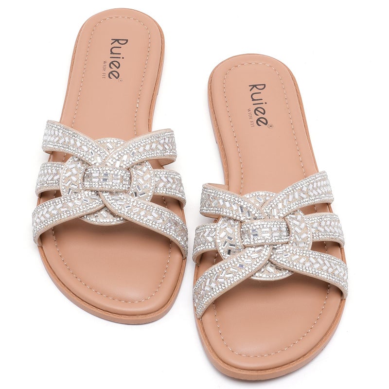 Ruiee Wide Width Sandals for Women, Fashion Slide Sandal Diamond Sparkly Bling Casual Dressy Flat Slides Comfort Bride Wedding Summer Slip on Wide Feet Womens Sandals. 250776 Gold Size9 - Image 5