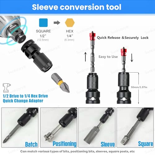 Sunkizzrs® 2-Set Rapid Release Converter—1/2" Square Drive to 1/4" Hex Female Socket Adapter—Quick Release Impact Bit Holder—Drill Chucks Adaptor Conversion for Impact Wrench included Ring & Rod - Image 5