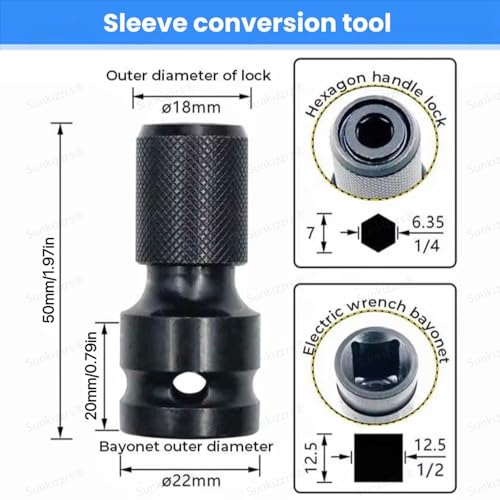 Sunkizzrs® 2-Set Rapid Release Converter—1/2" Square Drive to 1/4" Hex Female Socket Adapter—Quick Release Impact Bit Holder—Drill Chucks Adaptor Conversion for Impact Wrench included Ring & Rod - Image 2