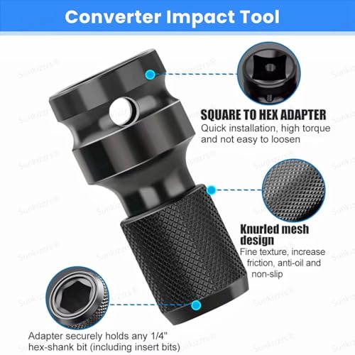 Sunkizzrs® 2-Set Rapid Release Converter—1/2" Square Drive to 1/4" Hex Female Socket Adapter—Quick Release Impact Bit Holder—Drill Chucks Adaptor Conversion for Impact Wrench included Ring & Rod - Image 3