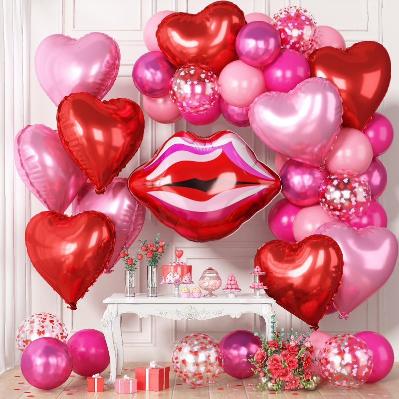 Togvu 30 Inch Large Red Lip and Heart Balloons, 56 Pcs Hot Pink Latex Balloons with 18 Inch Heart Kiss Foil Balloon for Valentines Day Makeup Girl Night Bachelorette Wedding Bridal Shower Party - Image 4