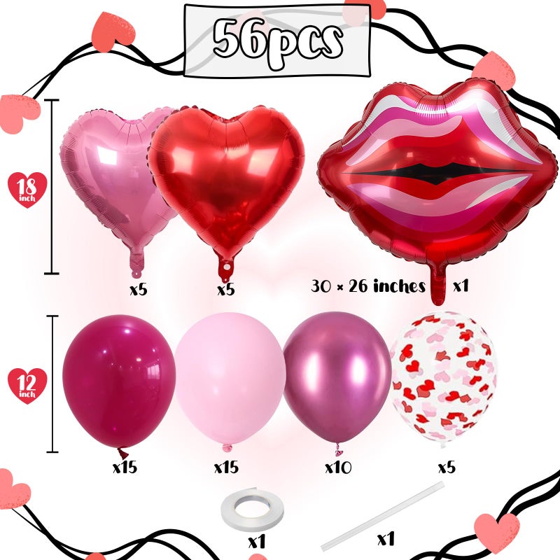 Togvu 30 Inch Large Red Lip and Heart Balloons, 56 Pcs Hot Pink Latex Balloons with 18 Inch Heart Kiss Foil Balloon for Valentines Day Makeup Girl Night Bachelorette Wedding Bridal Shower Party - Image 2